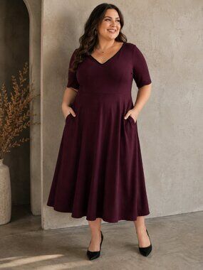 City Chic Burgundy Fit & Flare Midi Dress L/20 Plus Size V Neck Pockets